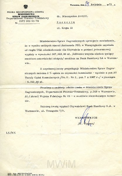 KKE 5782.jpg - Dok. Potwierdzenie przyznania odszkodowania wystawione przez Ministerstwo Spraw Zagranicznych dla Mieczysława Awgul, Warszawa, 29 IV 1971 r.